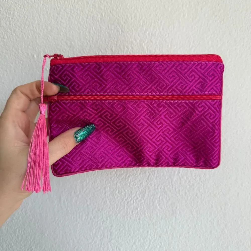 vintage silk brocade zipper pouch with tassel in magenta fuchsia pink & red